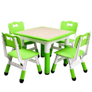 Kids Table and Chairs Set, Toddler Height Adjustable Desk with Graffiti Desktop, 4 Seats - 1 of 4