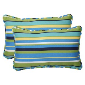 Pillow Perfect 2-Piece Outdoor Lumbar Pillows - Topanga Stripe, Green Blue