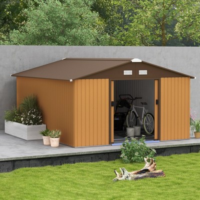 Large Brown and Yellow Metal Storage Shed with Windows