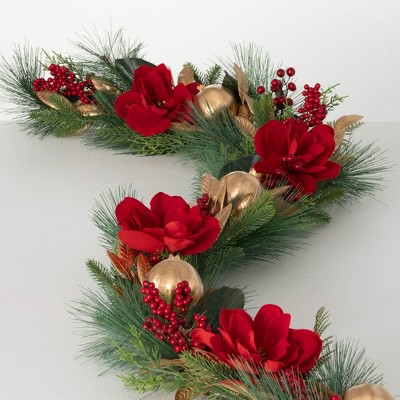 72"L Sullivans Artificial Magnolia Pomegranate Christmas Garland, Green-Red, Indoor Christmas Decor