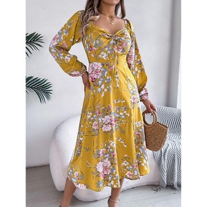 Women's Boho Flowy Long Sleeve Square Neck Floral Midi Dress Smocked Spring Fall Wedding Guest Dresses - 1 of 2