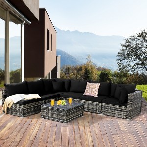 Costway 7PCS Patio Rattan Furniture Set Sectional Sofa Garden Black Cushion - 1 of 4