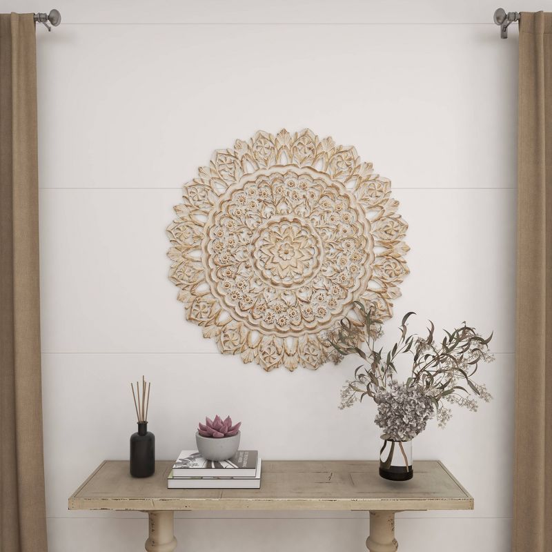 Wood Floral Handmade Intricately Carved Mandala Wall Decor White - Olivia &#38; May, 4 of 19