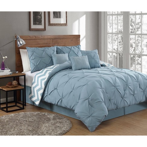 Aqua Blue Oxford Double Needle Luxury Soft Decorative Pinch Pleat Comforter Set 