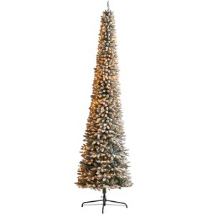 Nearly Natural 11-ft Flocked Pencil Artificial Christmas Tree with 850 Clear Lights and 1435 Bendable Branches - 1 of 4