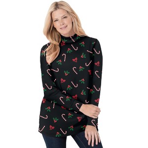 Woman Within Plus Size Perfect Printed Long-Sleeve Mockneck Tee - 1 of 4