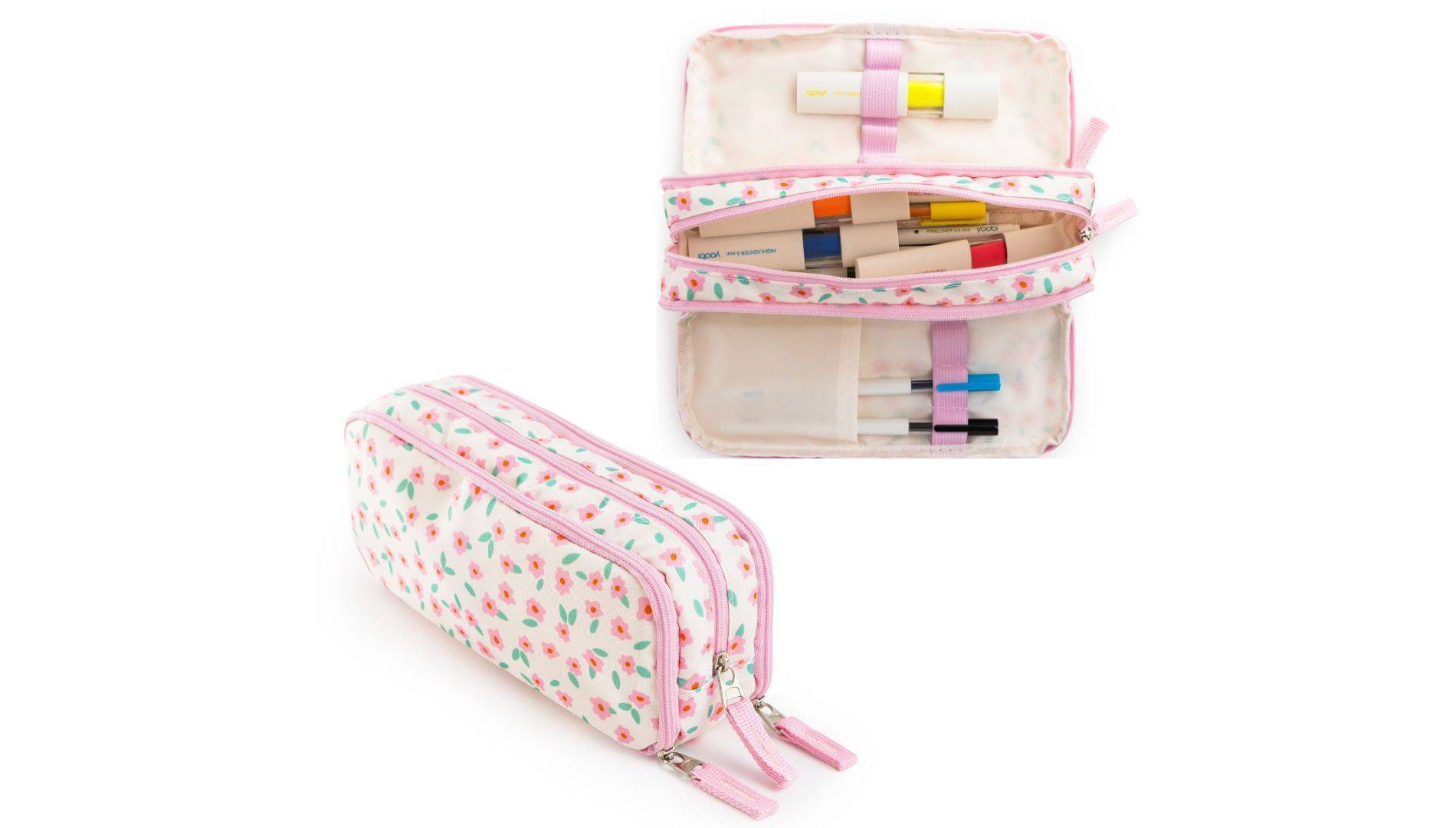 Yoobi Triple Zip Pencil Pouch Pink Wildflower