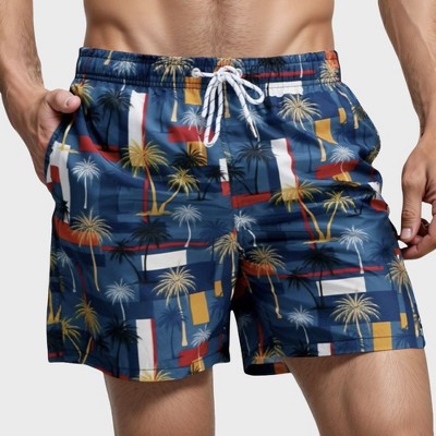 Anna-Kaci Swim Men's Geometric Palm Tree Swim Trunks with Quick-Dry Fabric and Adjustable Drawstring Waist for Bold Summer Style