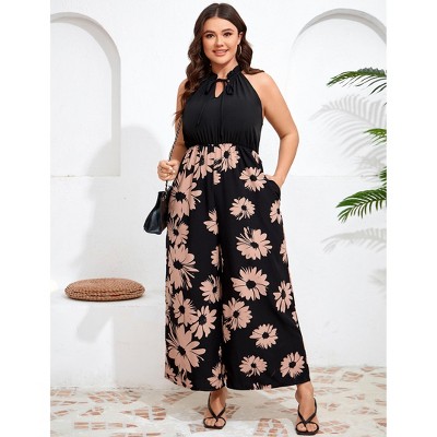 Womens Plus Size Wide Leg Tie Neck Business Casual Jumpsuits