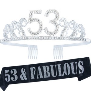 MEANT2TOBE 53rd Birthday Sash and Tiara for Women - Fabulous Glitter Sash + Waves Rhinestone, Silver - 1 of 4