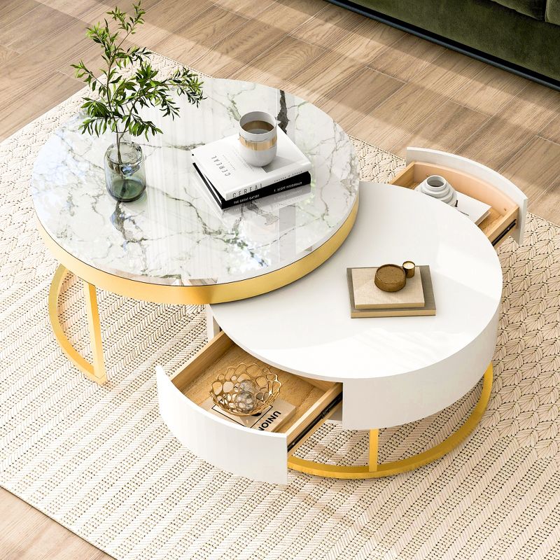 Modern Round Nesting Coffee Table, Cocktail Table with 2 Drawers, Golden+White-ModernLuxe, 1 of 16