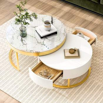 Modern Round Nesting Coffee Table, Cocktail Table with 2 Drawers, Golden+White-ModernLuxe