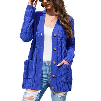 Women's Open Front Cardigan Sweater with Pockets Long Sleeve Cable Knit Button Loose Cardigan Sweater Outwear