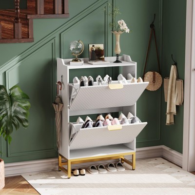 Modern Wave Shoe Cabinet - Slim Entryway Shoe Storage Organizer with 2 Flip Drawers, Fluted Texture Design, and Sturdy Metal Frame for Living Room