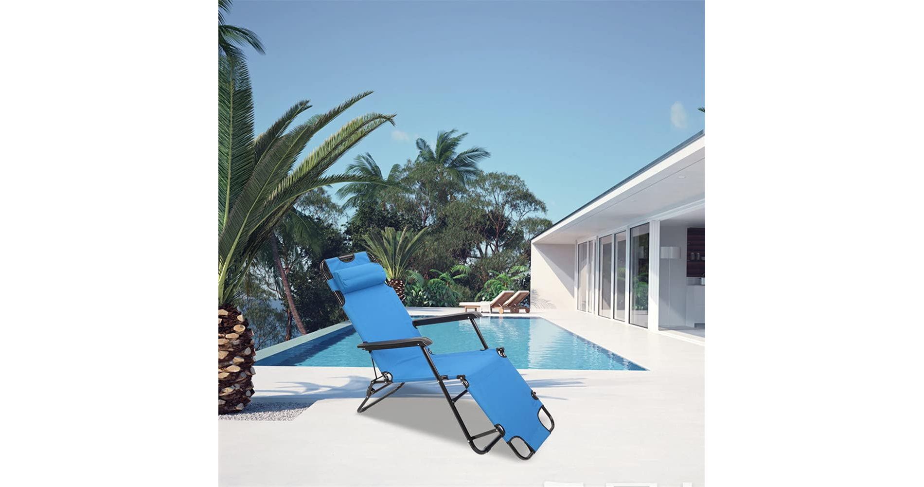Folding Chaise Lounge, Adjustable Outdoor Sun Lounger with Headrest for Pool, Beach, or Patio