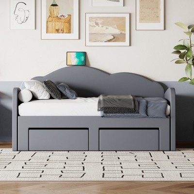 Whisen Morden Design Twin Size Upholstered Daybed with Cloud-Shaped Backrest, Trundle, 2 Drawers and USB Port