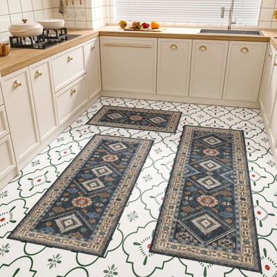 DOMETOUR Kitchen Rug Set 3 Piece with Runner–Non Slip Washable Kitchen Mats for Floor for Hallway, Laundry Room & Holiday Decor–Dark Blue