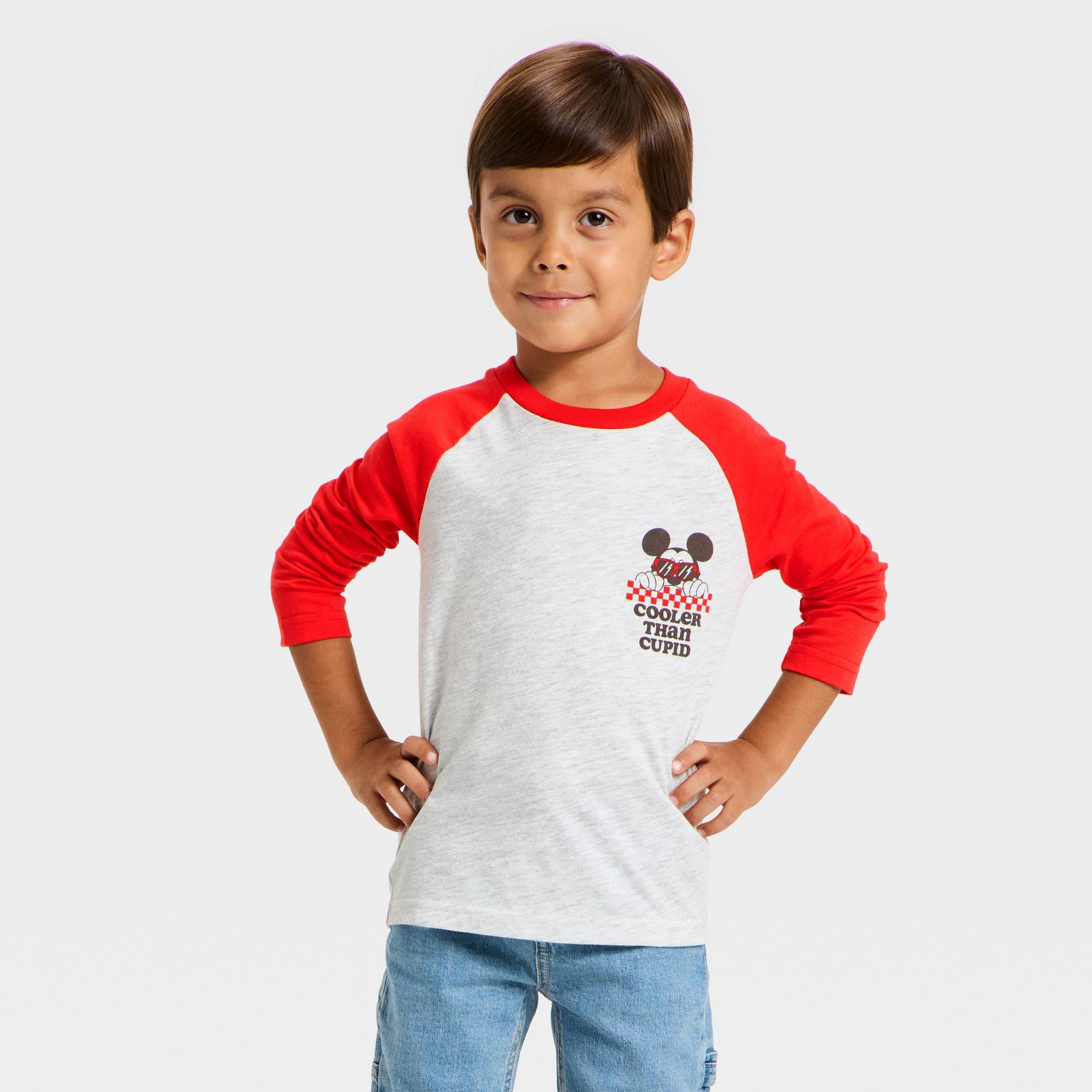 Toddler Boys' Long Sleeve Disney Mickey Mouse Valentines Raglan T-Shirt - Red