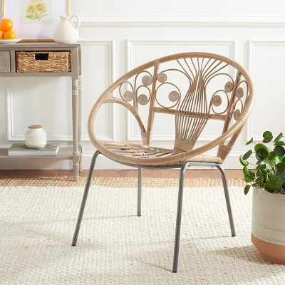Transitional Grey Floral Rattan Accent Chair with Metal Legs