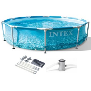Intex 28207EH 10 Feet x 30 Inch Metal Frame Outdoor Backyard Above Ground Circular Beachside Swimming Pool with Filter Pump and Protective Canopy - 1 of 4