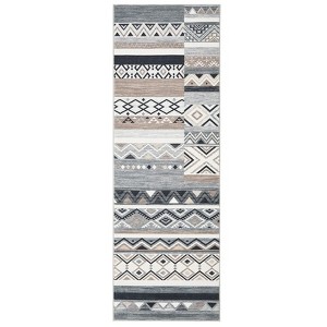 2 x 6 ft Polyester Grey Rectangular Laundry Bathroom Kitchen Geometric Modern Farmhouse Runner Rug - 1 of 4