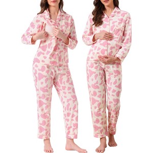 INSPIRE CHIC Women's Nursing Pajama Set Floral Leopard Long Sleeve Top with Pant Postpartum Breastfeeding Loungewear - 1 of 4