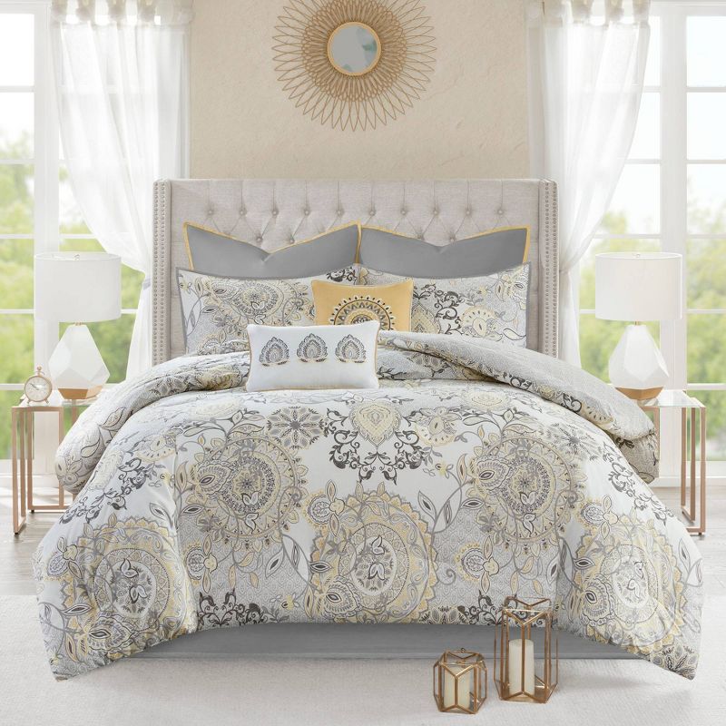 Madison Park 8pc Lian Cotton Floral Printed Reversible Comforter Set Yellow, 4 of 18