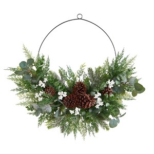 Nearly Natural 28” Christmas Pine, Eucalyptus, and Berries Metal Circlet Artificial Wreath - 1 of 4
