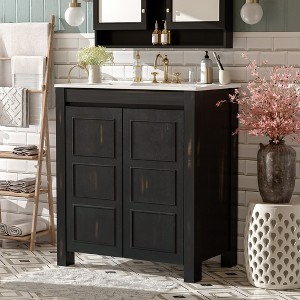APRILSOUL 30" Rustic Bathroom Vanity with Ceramic Sink, Soft-Close Doors & Adjustable Shelf, Espresso Storage Cabinet - 1 of 4