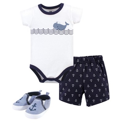 Hudson Baby Infant Boy Cotton Bodysuit, Shorts and Shoe 3pc Set, Blue Sailor Whale