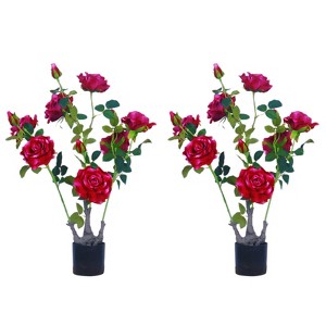 2-piece set of artificial flowering trees - 70cm, green-leaf artificial peonies, artificial potted plants, suitable for indoor use in the home - 1 of 4