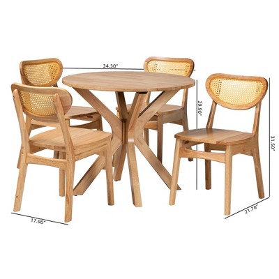 Oak Brown Wood and Rattan 5-Piece Dining Set with Round Table