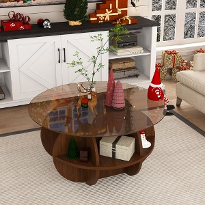 31.5'' Modern Round Coffee Table,  2 Tier Wooden Center Table with Tempered Glass Top, Accent Cocktail End Table for Living Room Bedroom Office - 1 of 4