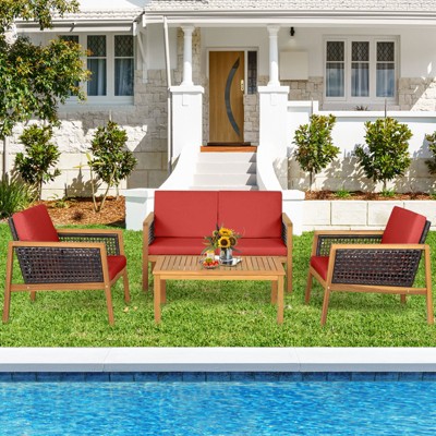 Tangkula 4-Piece Patio Acacia Wood Furniture Set Outdoor PE Rattan Conversation Set with Removable Cushions