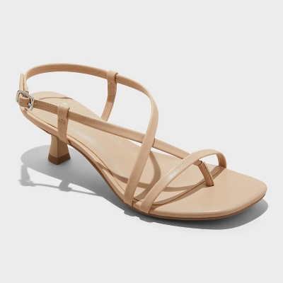 Women's Reggie Toe Thong Strappy Heels - A New Day™ Tan 6: Faux Leather, Cushioned Insole, Buckle Closure