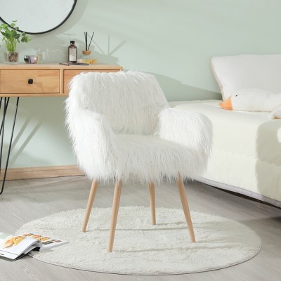 Vynxaria Faux Fur Dining Side Chair Soft Cushioned Seat and Back, Wood-Patterned Metal Legs (Floor Protectors, Easy Assembly)