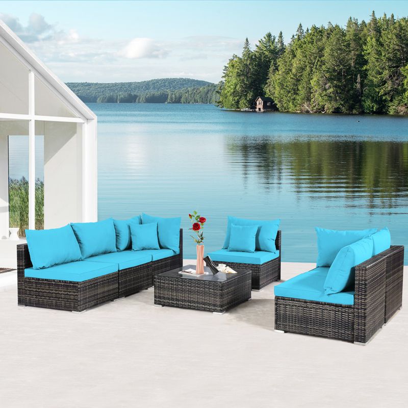 Tangkula 7 PCS Outdoor Patio Furniture Set All-Weather PE Rattan Sofa Set w/Coffee Table & Cushions, 2 of 11