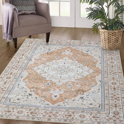 Non Slip Rug 8x10 Washable Vintage Medallion Chenille Area Rug for Living Room,  Distressed Floral Throw Rug (Orange & Pink)