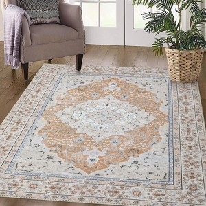 Non Slip Rug 8x10 Washable Vintage Medallion Chenille Area Rug for Living Room,  Distressed Floral Throw Rug (Orange & Pink) - 1 of 4