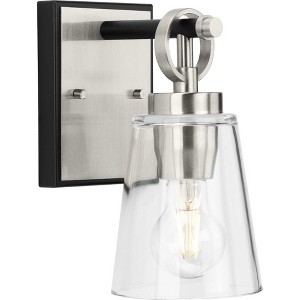 Progress Lighting Cassell 1-Light Vanity Fixture, Brushed Nickel/Matte Black, Clear Glass Shade: Luxe Industrial/Transitional, Damp Rated - 1 of 3