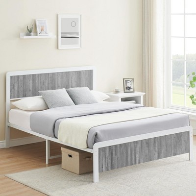 Homhougo Queen Bed Frame with Curved Wood Headboard and Footboard Gray