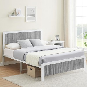 Homhougo Queen Bed Frame with Curved Wood Headboard and Footboard Gray - 1 of 4