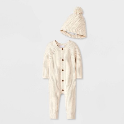 Image of Grayson Mini Baby Button-Front Romper with Hat - Cream 0-3M