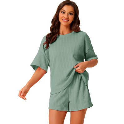 cheibear Women's Lounge Outfits Casual Round Neck Shorts Sleeves Ribbed Tops with Shorts Pajama Sets
