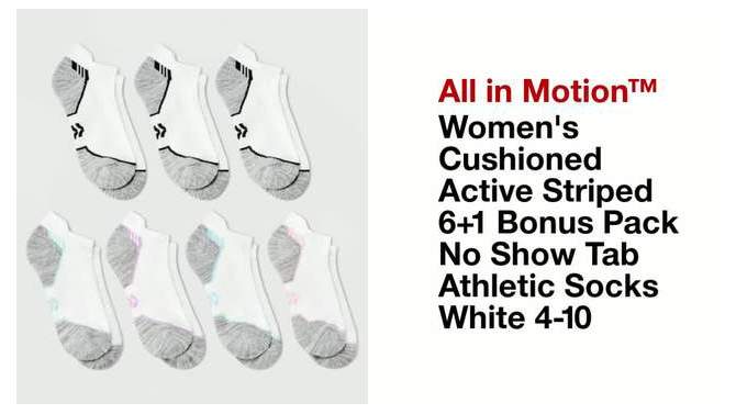 Women&#39;s Cushioned Active Striped 6+1 Bonus Pack No Show Tab Athletic Socks - All In Motion&#8482; White 4-10, 2 of 5, play video