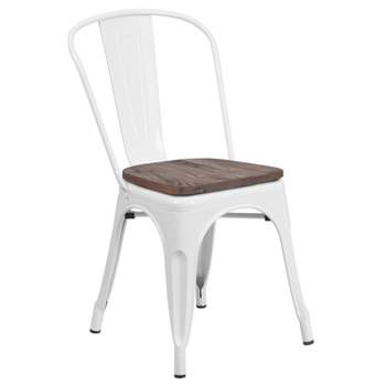 Merrick Lane Series Dining Chair - Blue Metal Frame - Textured Wooden Seat - Slatted, Curved Back