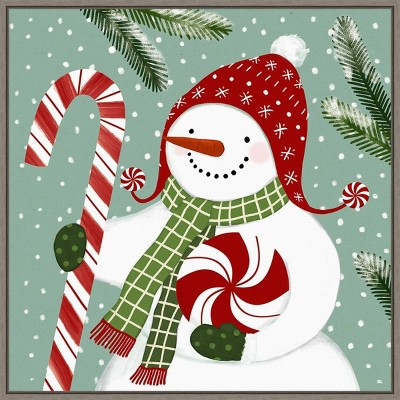 22" x 22" Peppermint Snowman II Framed Wall Canvas - Amanti Art