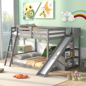 Gray Bunk Bed, Full Over Full with Ladder, Slide, Shelves - 1 of 3