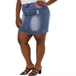 Agnes Orinda Women's Plus Size Jeans Skirts Chambray Distressed Slash Pocket Irregular Hem Denim Skirt Blue 4X