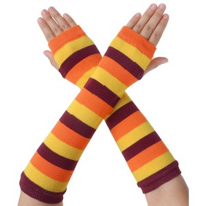 Allegra K Women's Stripe Print Knitted Fingerless Elbow Length Gloves Warmers One Size 1 Pair - 1 of 4